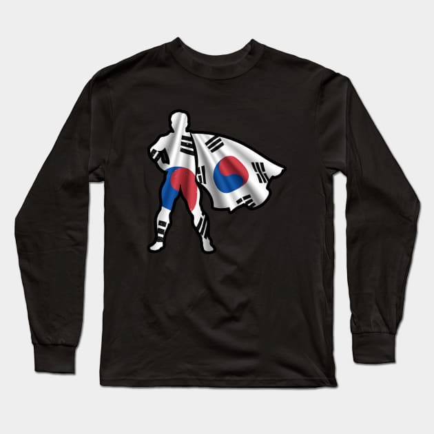 South Korean Hero Wearing Cape of South Korea Flag Hope and Peace Unite in Korea Long Sleeve T-Shirt by Mochabonk